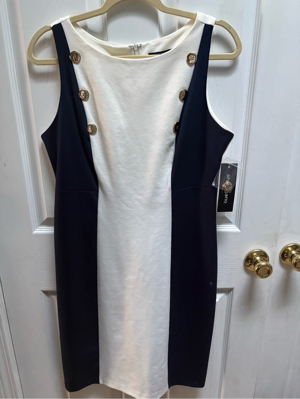 Sharagano Navy and White Sleeveless Sheath Dress with Gold Buttons